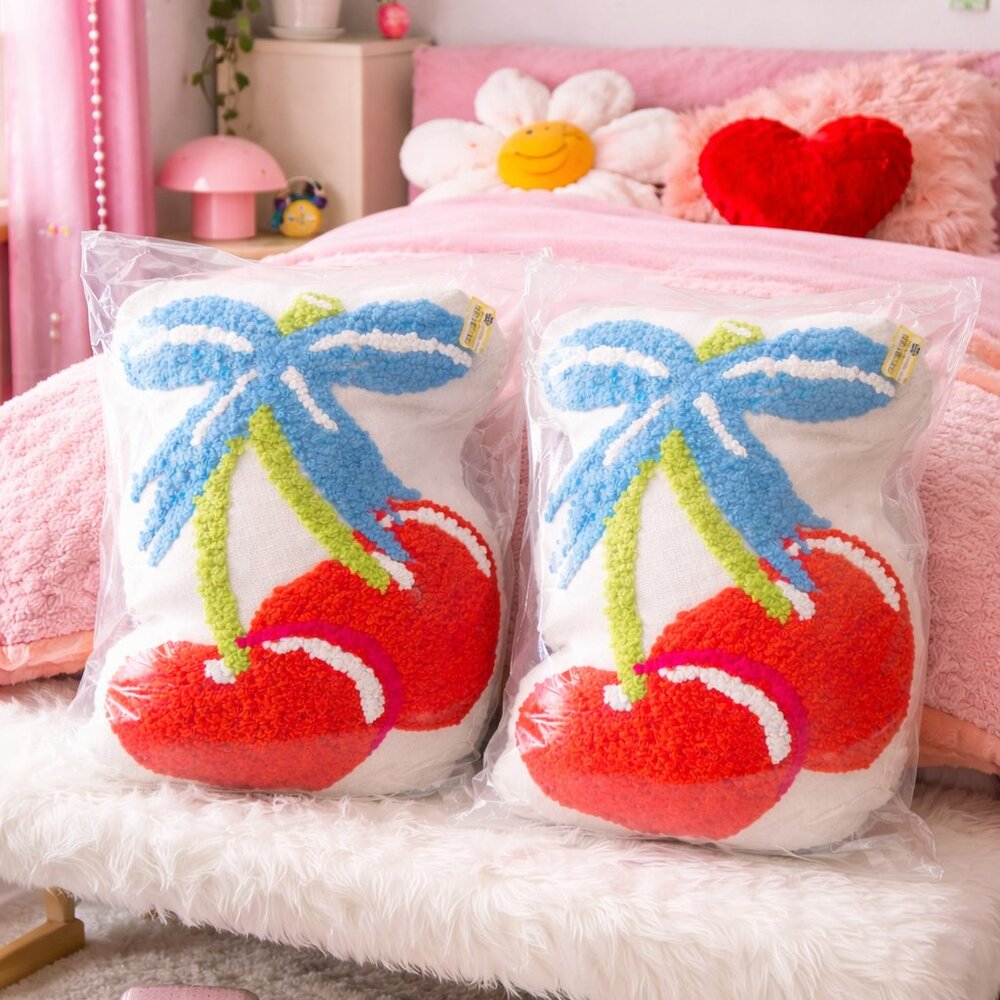 Set of 2 Textured Palm Tree Throw Pillow Shaggy Hooked Tropical Decor New